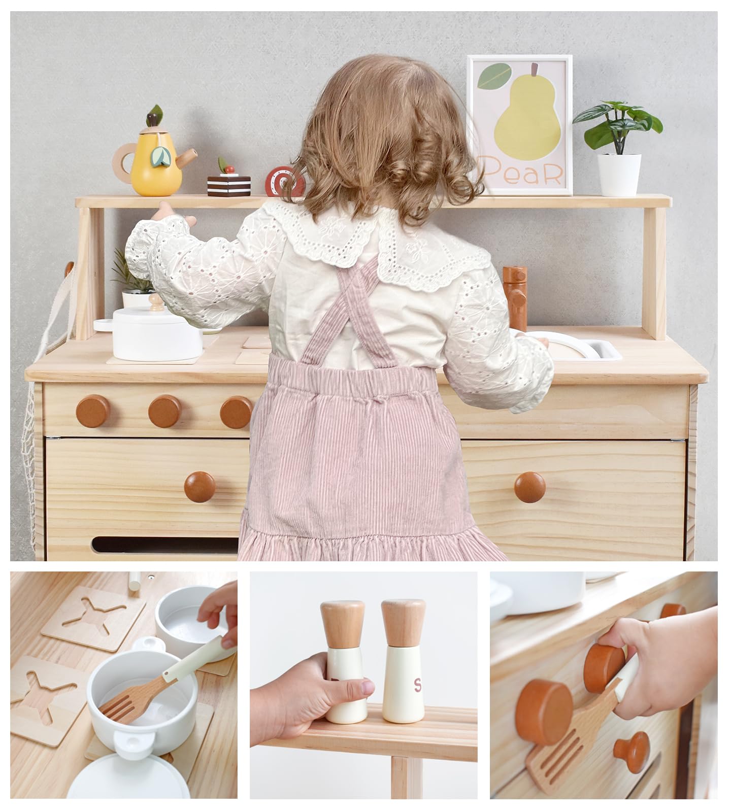 PairPear Play Kitchen for Kids, Natural Wooden Kids Kitchen Playset with Toy Kitchen Cooking Set Play Food, Pretend Play Kids Play Kitchen Toys Gift for Ages 3+