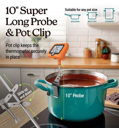 Digital Candy Thermometer with Pot Clip, Instant Read Kitchen Thermometer for Cooking, Baking, and Candy Making – 10" Stainless Steel Probe, LCD Display, Essential Baking Tool