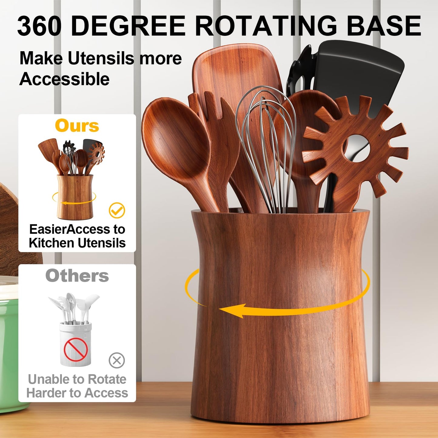 WBKATN Acacia Wood Utensil Holder for Kitchen Counter, 360° Rotating Wooden Large Cooking Utensils Holder for Countertop, Farmhouse Spoon Crock, Spatula Storage Organizer, Rustic Kitchen Decor
