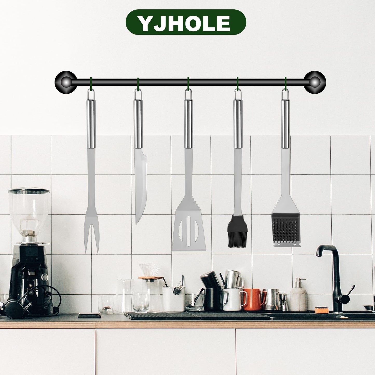 YJHOLE Grill Tools for Outdoor Grill - 7PCS BBQ Tools Grill Utensils with Grill Tong, Fork, Spatula, Basting Brush, Grill Cleaning Brush, Sharp Steak Knife, BBQ Tool Set Grilling Tool Kit