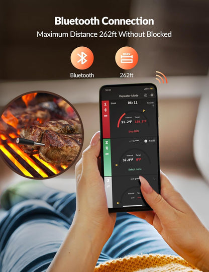 Smart Meat Thermometer Digital, Wireless Food Thermometer Bluetooth with Alert, WiFi, Instant Read, 262ft Range, IP67 Waterproof, Dishwasher Safe for Oven,Smoker,BBQ, Kitchen, Grill, Rotisserie