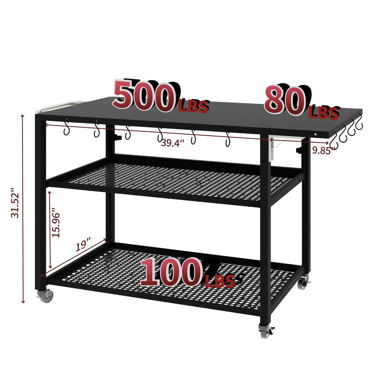 LERIKA Outdoor Grill Cart, 580lb Dining Cart Table with 3 Shelf, Stainless Steel Cart with Lockable Wheels