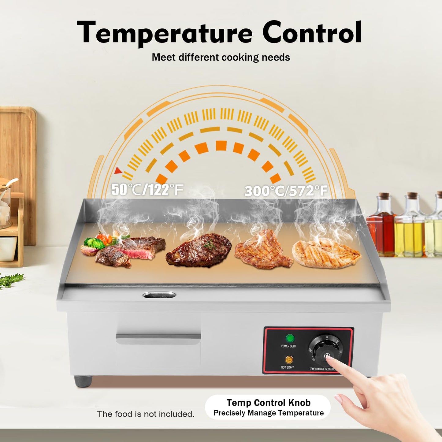 22" Commercial Electric Griddle, 1600W 110V Countertop Flat Top Grill, Stainless Steel Non-stick Teppanyaki Grill, 122-572°F Adjustable Temp Control for Restaurant Kitchens Hotel