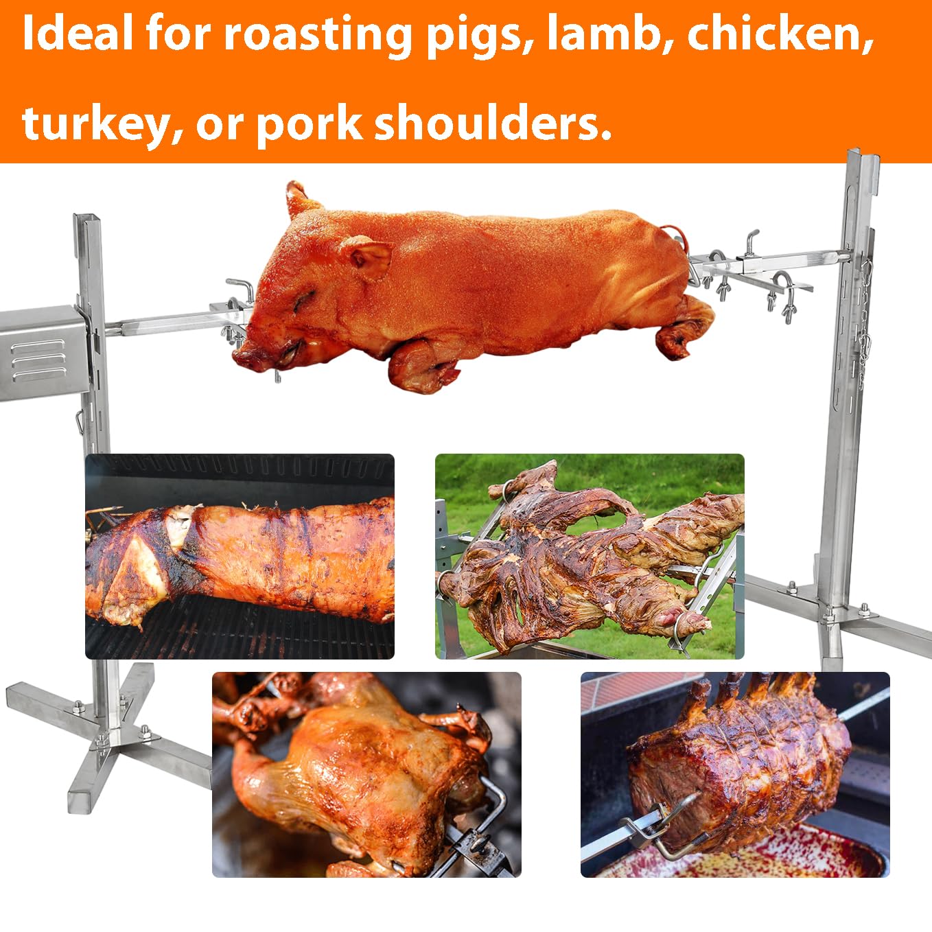 iMeshbean 220lbs Rotisserie Grill Kit, Electric Pig Spit Rotisserie Grill with 45W Motor,Stainless Steel Spit Roaster Stand for Roasting Pig Lamb Turkey Chicken & Whole Animals,Height Adjustable