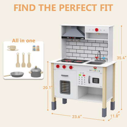 Wooden Play Kitchen for Kids, Interactive Kitchen Playset with Microwave, Range Hood Lights & Sounds, Stove, Sink, and Accessories, Realistic Toy Kitchen, for Boys & Girls