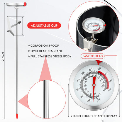 Kanayu 4 Pcs Deep Fry Thermometer with Pot Clip, 12'' Long Stem Oil Thermometer, Stainless Steel, Analog Display