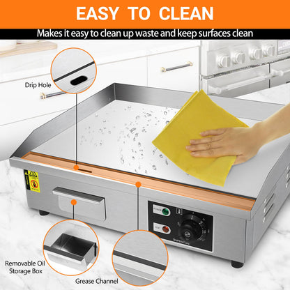 22inch 110V Commercial Electric Griddle 1600W Countertop Flat Top Griddle, Stainless Steel Teppanyaki Grill, 122-572℉ Adjustable Temp Control for Restaurant Kitchen