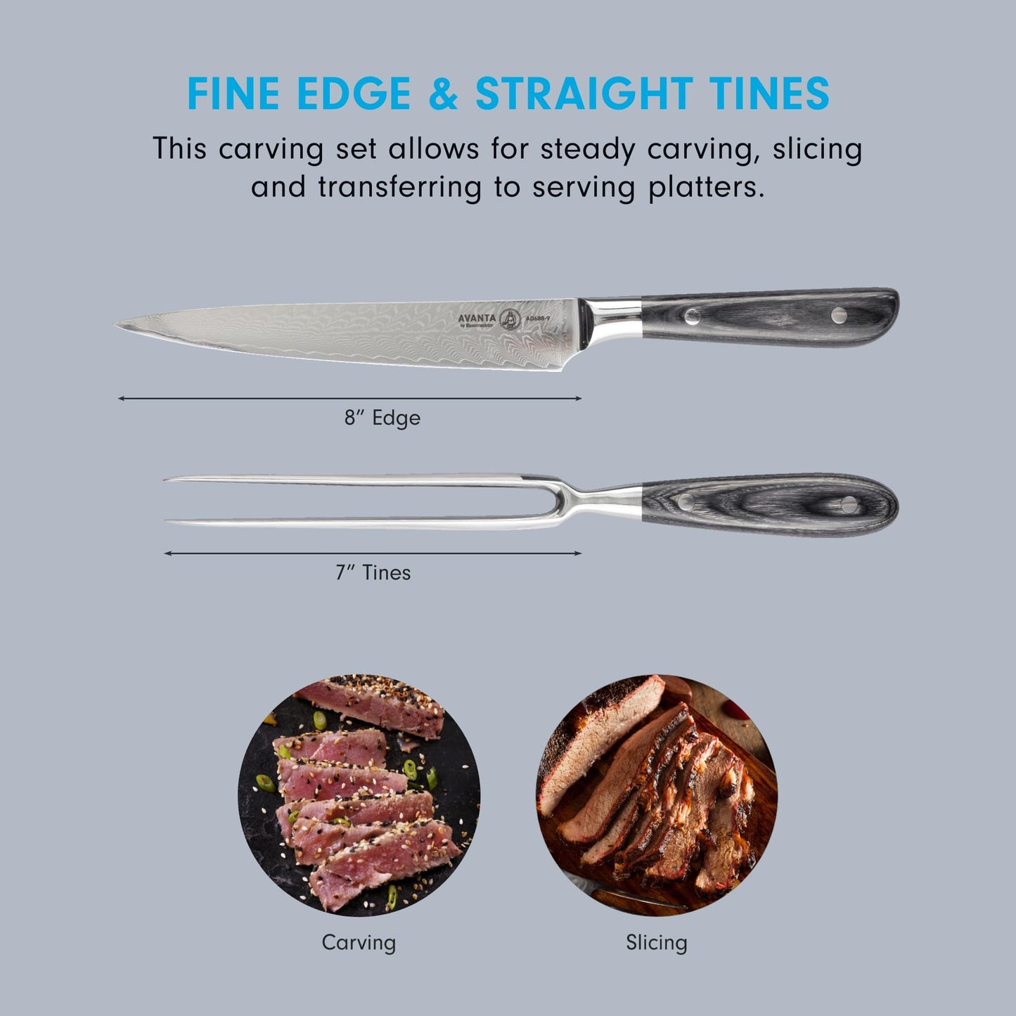 Messermeister Avanta Damascus Kullenschliff Carving Set - Includes 8” Carving & Slicing Knife + 7” Fork - Japanese Damascus Stainless Steel - Pakkawood Handle - Rust Resistant & Easy to Maintain