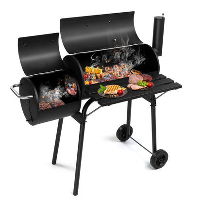 Outdoor Barrel BBQ Grill,Barrel Charcoal Grill with Offset Smoker, All Metal Outdoor Smoker with Side Table and Wheels for Outdoor Garden Patio and Backyard Cooking