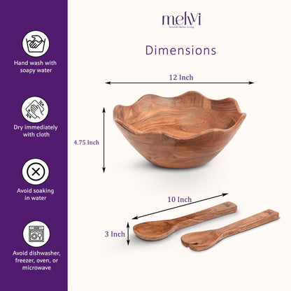 Melvvi Large Wooden Salad Bowl Set with 2 Small Bowls and 2 Serving Utensils | 12" & 6" Acacia Wood Bowls for Food | Great Gift for Kitchen & Dining (Natural Set of 5) (Natural Set of 3)