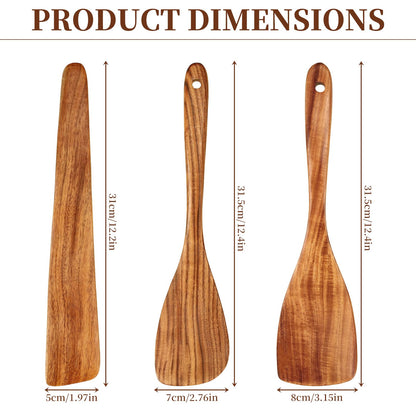 EOHASA 3Pcs Wood Spatulas for Cooking, Natural Teak Wooden Utensil Set - Flat Spatula Turner, Wood Spatula for Right Hand, Wooden Scraper Flipper, Non Toxic Heat Resistant kitchen essentials for Home