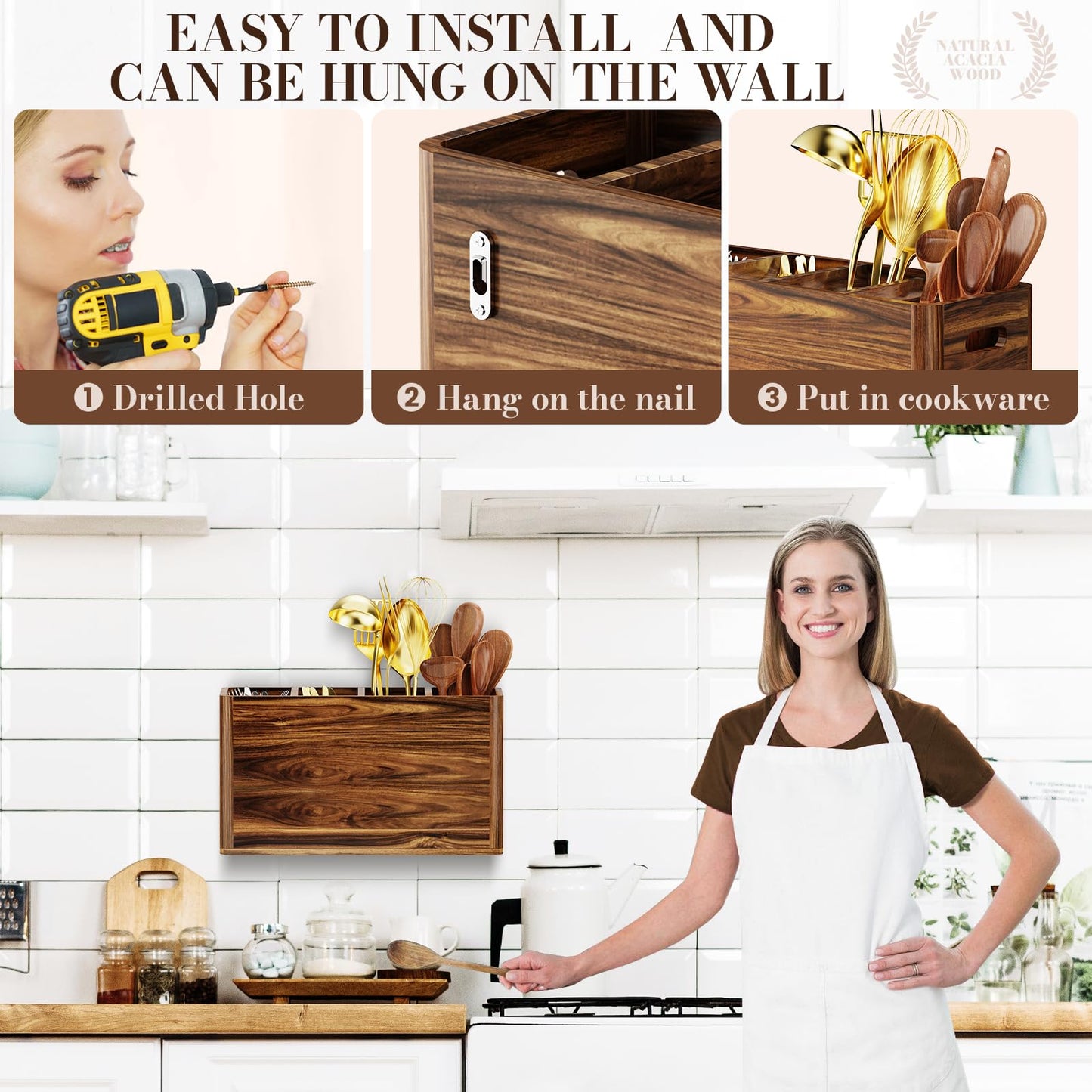 Yirilan Wooden Kitchen Utensil Holder for Counter, Acacia Wood Utensil Holder for Storage Cooking and Silverware with 4 Compartment, Rustic Wooden Organizer Container