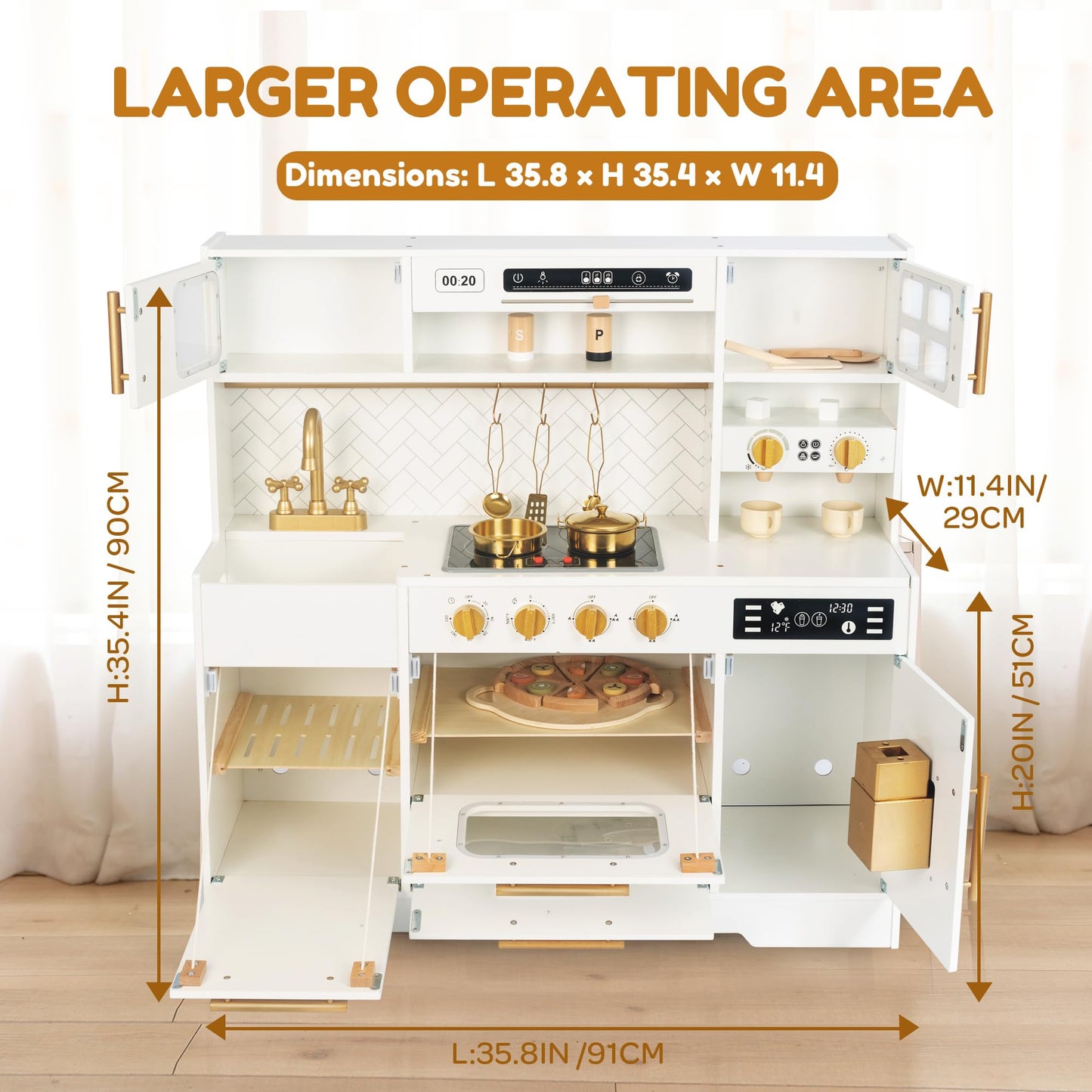 Interactive Wooden Play Kitchen Set for Kids Realistic Features with Extended Storage and 15 Kitchen Accessories, Ideal Pretend Playset Gift for Toddlers and Children Ages 3+