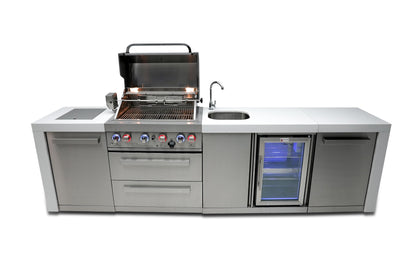 Mont Alpi MAi400-DBEV 32-inch 4 Burner 78000 BTU Deluxe Stainless Steel Modular Outdoor Kitchen Island Barbecue Grill with Beverage Center + Granite Countertops & Sides + Rotisserie and Grill Cover