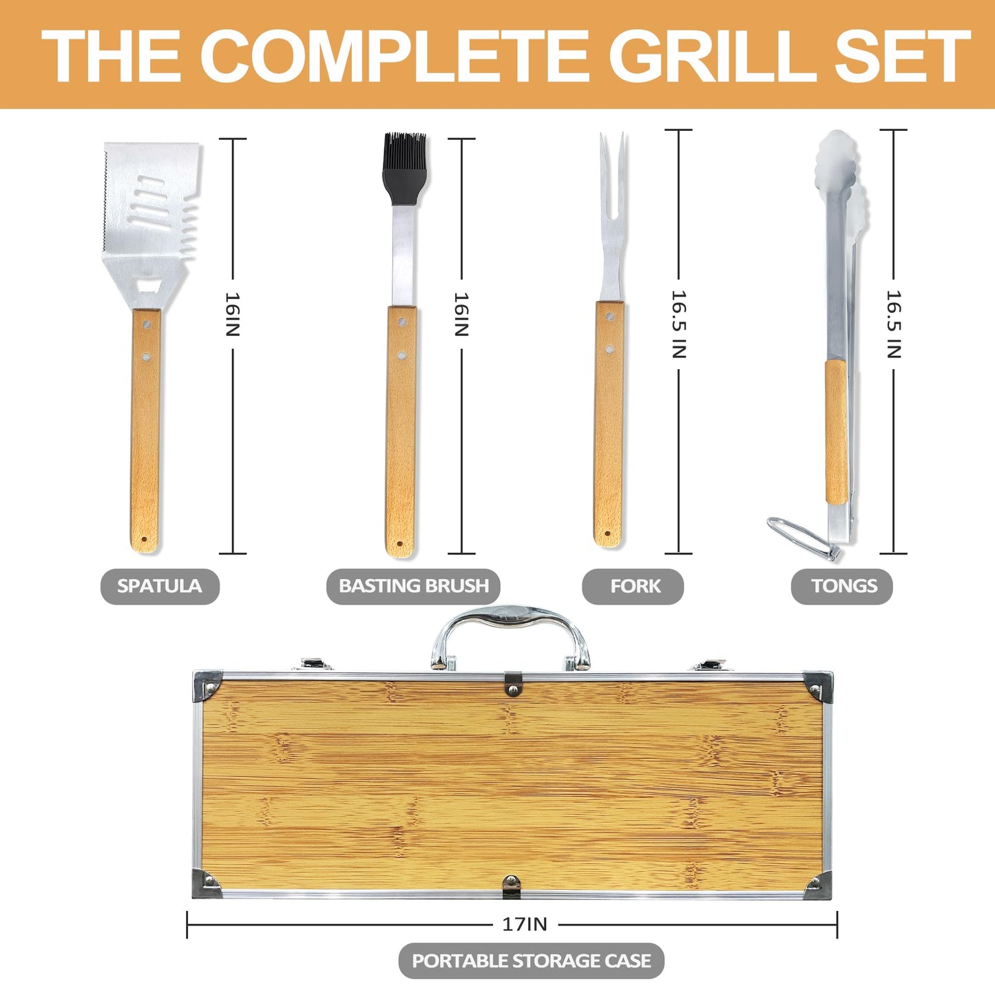 Grilling Accessories Anniversary Birthday Gifts for Dad/Husband, Heavy Duty Wooden BBQ Kit with Apron for Backyard, Thick Stainless Steel Grill Utensils with Non-Slip Handle Tools in Portable Bag