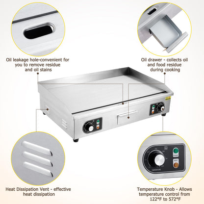 Takywep 30" Commercial Electric Griddle, 3000W Electric Countertop Griddle, Non-Stick Restaurant 110V Teppanyaki Flat Top Grill Stainless Steel Adjustable Temperature Control 122°F-572°F (NO PLUG)