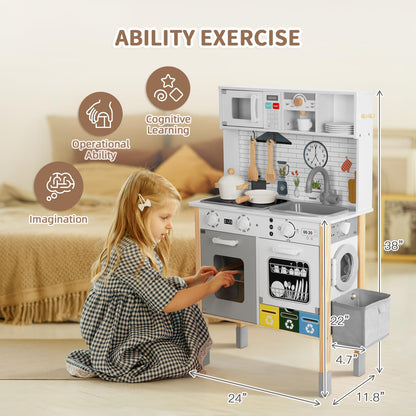 OOOK Kids Kitchen Playset with Garbage Classification, Wooden Pretend Play Kitchen with Sound and Light, Kitchen Set for Kids Equipped with Blackboard, Worldmap ect., Gift for Boys and Girls Aged 3+