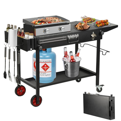 FATOK Portable Grill Cart Table with Wheels, for 17-22 Inch Blackstone Griddle Stand, Foldable BBQ Prep Station with Seasoning Tray