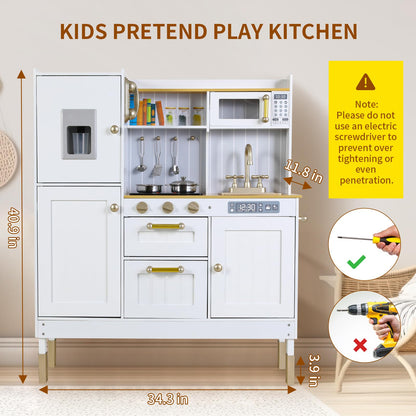 Arlopu Play Kitchen for Kids, Pretend Preschool Kitchen Sets, Wooden Cooking Playset w/Realistic Light & Sound, Telephone, Stove, Fridge, Microwave, Removable Sink, Water Dispenser (White)