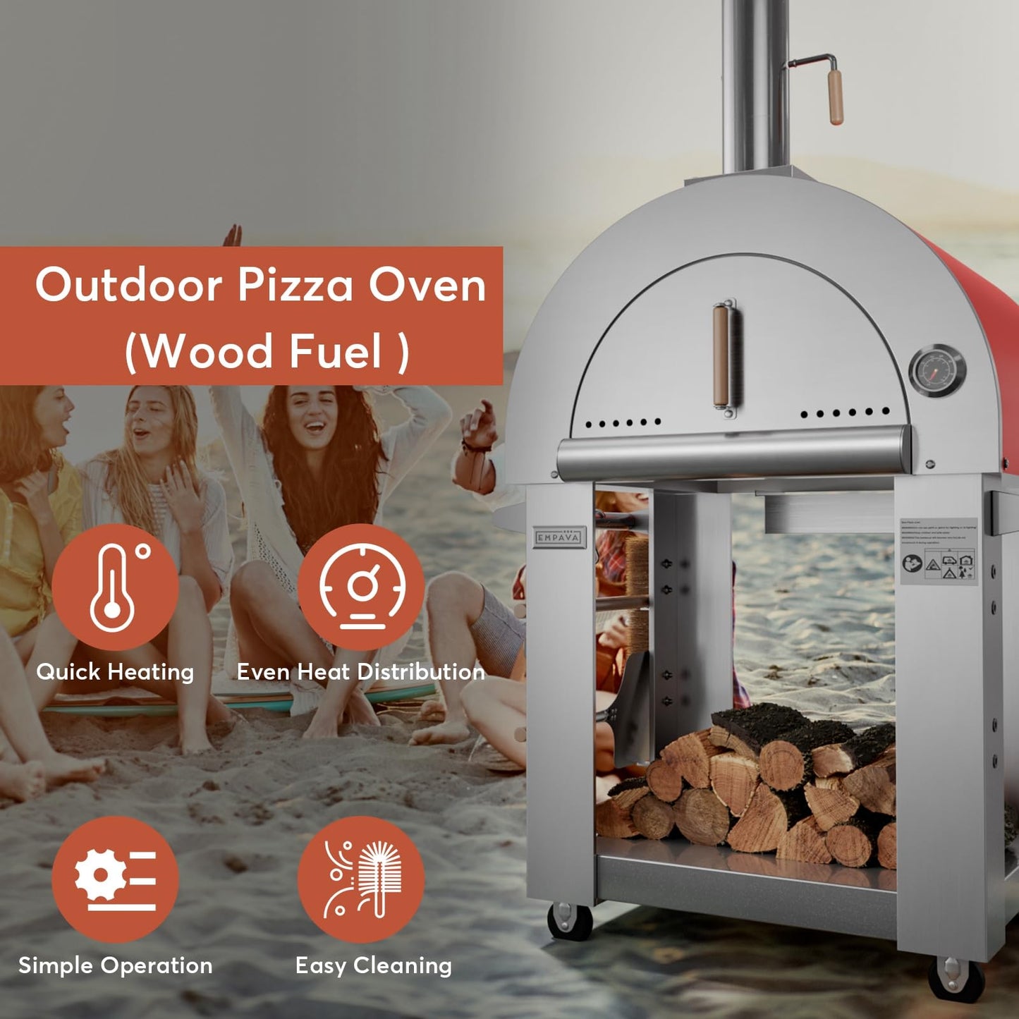 Empava Pizza Oven with Open Shelf and Wheels for Outdoor Kitchen, Wood Fire for Grill & Camping Backyard Party in Stainless Steel, 38.6 Inch, Italian Red