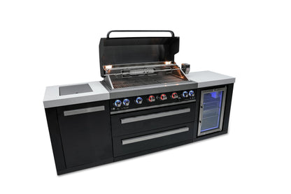 Mont Alpi 44-inch 6 Burner MAi805-BSSFC Black Stainless Steel Modular Outdoor Kitchen Island BBQ Gas Grill with Fridge Cabinet + Side Burner + Granite Countertops + Rotisserie Kit and Grill Cover