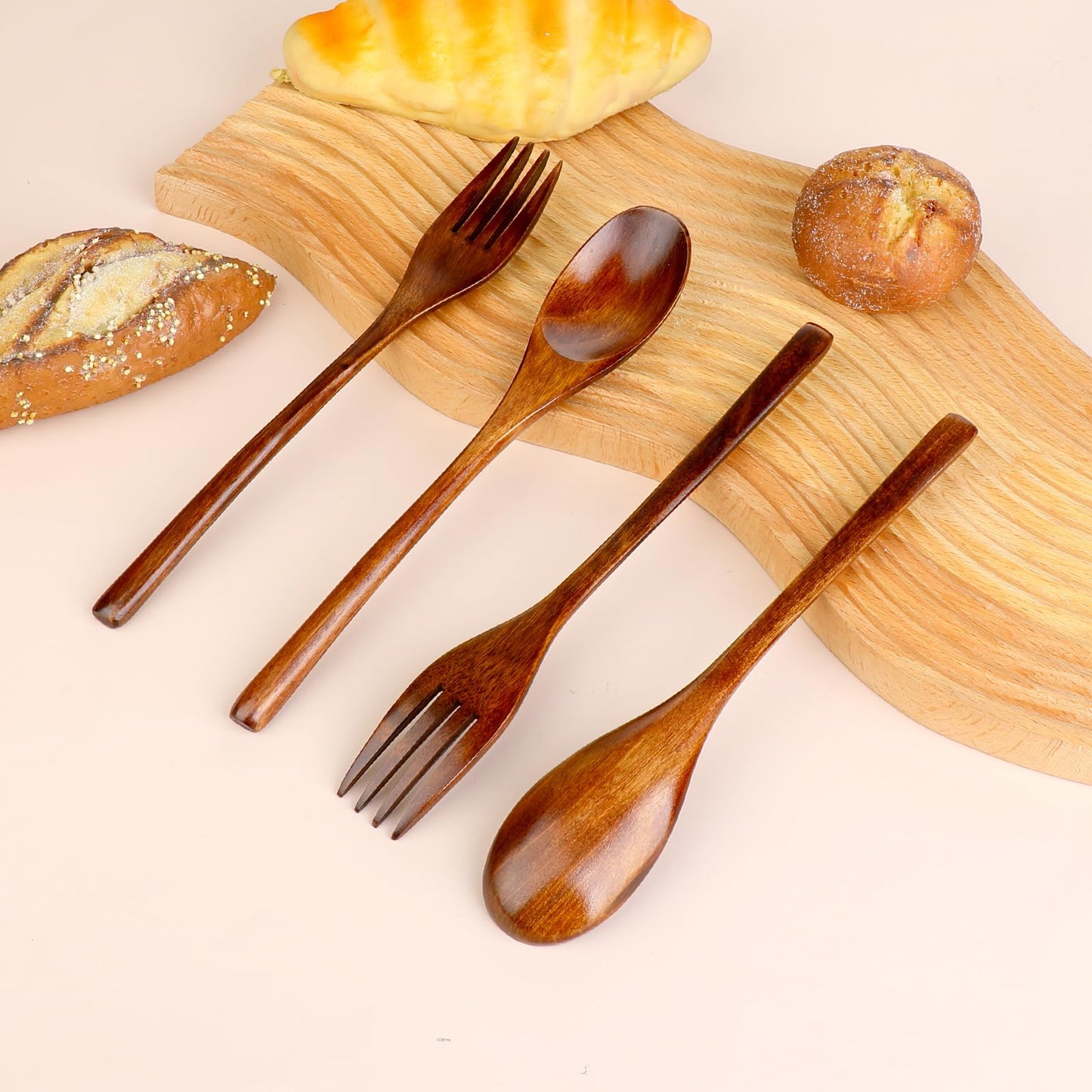 6 Pcs Wooden Forks and Spoons Reusable Wooden Spoons Forks Set Eating Utensil Set wooden Cutlery Wood Dinnerware Set Wood Kitchen Tableware Bamboo Utensils for Stirring Cooking Eating