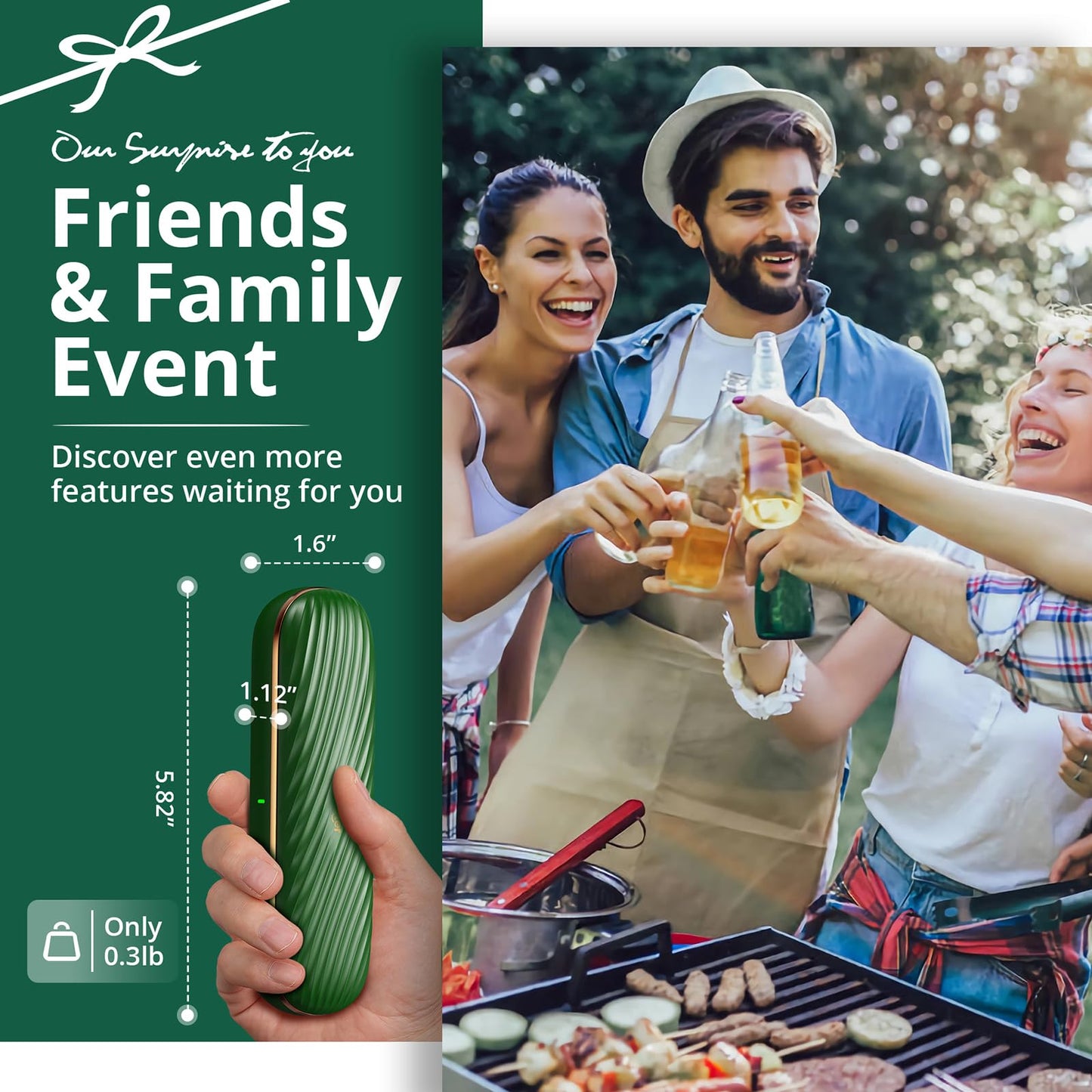 Green Wireless Meat Thermometer, 500FT Remote Bluetooth Grill Thermometer with an Stylish Wave-shaped Sliding Base, Portable Cooking IP67 Waterproof, Perfect Smoker Accessories Gift for Kitchen Lovers