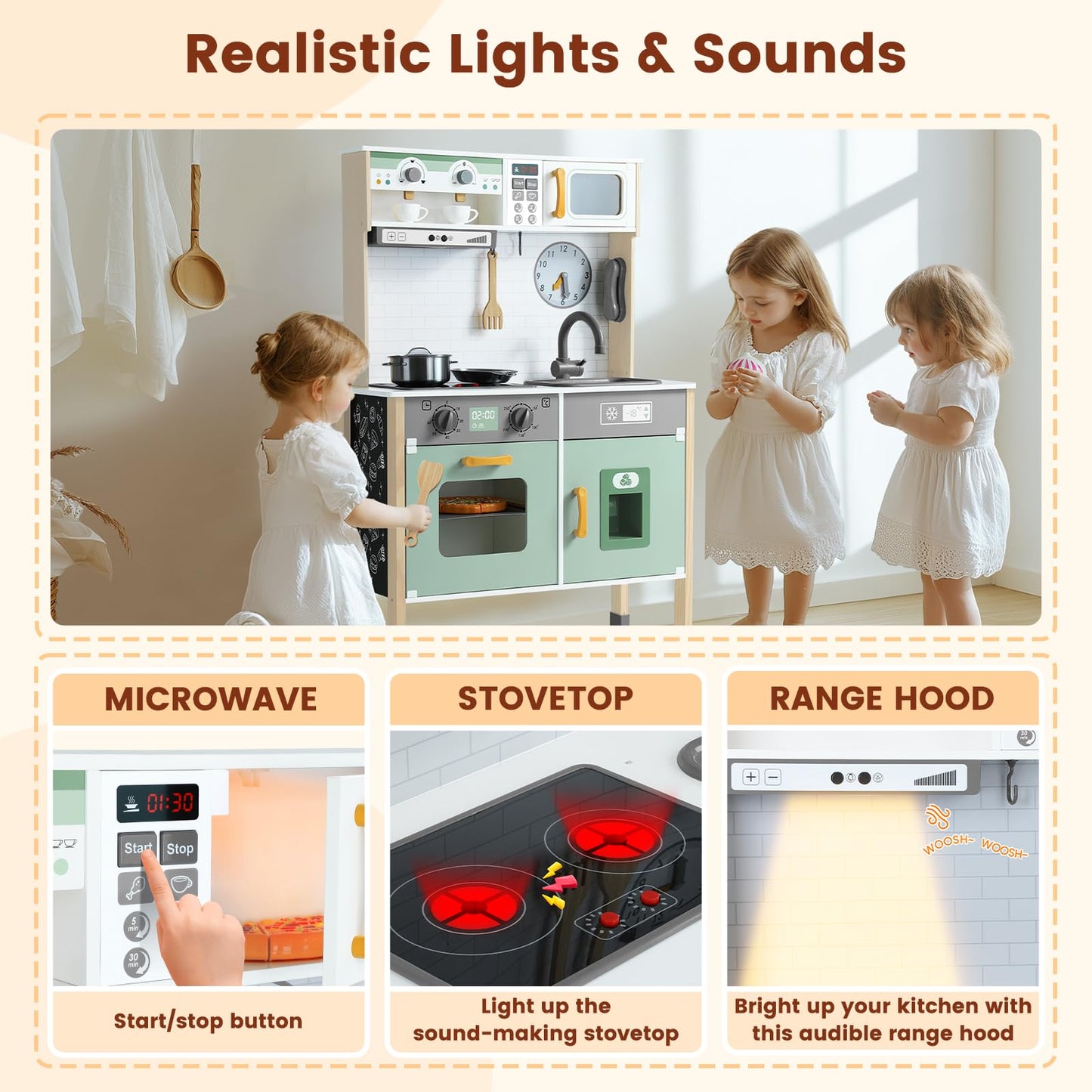 Uiirvdy Play Kitchen Wooden Kids Kitchen Playset Pretending Toys for Toddlers with Real Lights & Sounds, 3 Heights Adjustable, Chalkboard, 35Pcs Toy Food & Cookware Accessories-Green