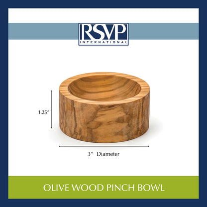 RSVP International Olive Wood Condiment Pinch Bowl, 3" | Rustic, Natural Authentic Italian Olive Wood | Classic Style for Kitchens, Tables, & More | Functional for Salts, Peppers, & Herbs