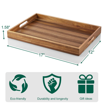 17 Inch Acacia Wood Serving Tray with Handles - Extra Large Wooden Tray for Ottoman, Breakfast in Bed, Dinner, Coffee Table - Decorative Rectangular Tray for Living Room Bedroom Entryway and Kitchen