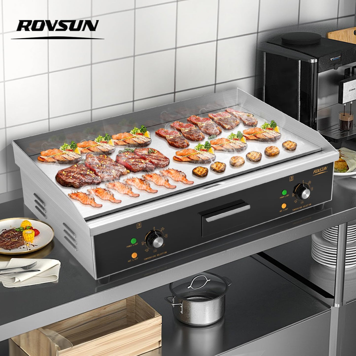 ROVSUN 30" Electric Countertop Flat Top Griddle, 3000W Electric Griddle, Teppanyaki Grill Stainless Steel with Adjustable Temperature Control 122°F-572°F for Home Restaurant Commercial, No Plug