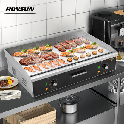 ROVSUN 30" Electric Countertop Flat Top Griddle, 3000W Electric Griddle, Teppanyaki Grill Stainless Steel with Adjustable Temperature Control 122°F-572°F for Home Restaurant Commercial, No Plug