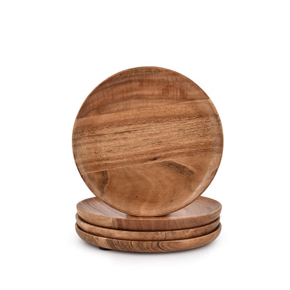 Samhita Acacia Wood Round Wood Plates Set of 4, Easy Cleaning & Lightweight for Dishes Snack, Dessert.(7" x 7" x 1")