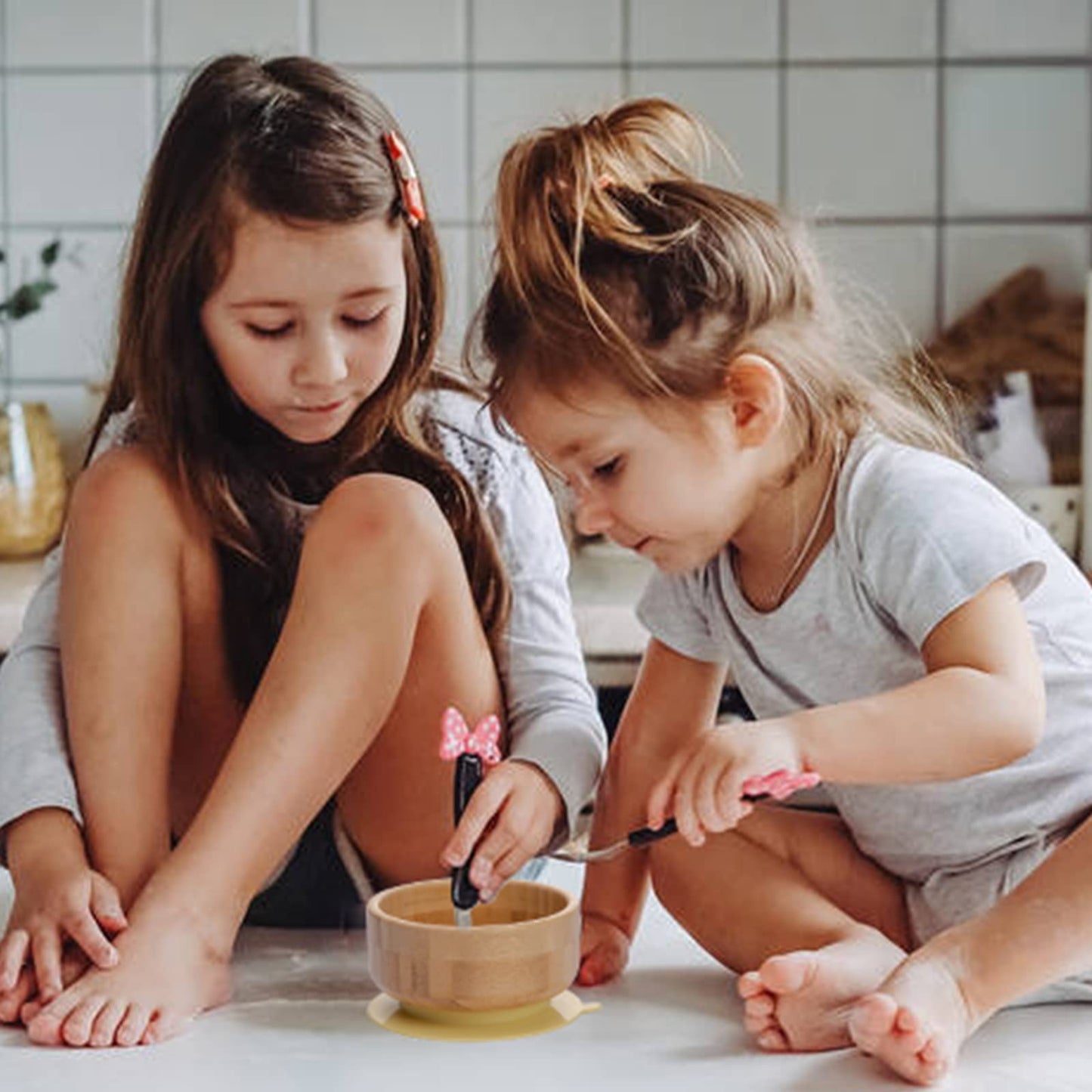 Baby Bamboo Bowls with Suction and Matching Spoon Set - 2PC Feeding Supplies Set for Infant, Toddlers - Detachable Silicone Suction Stay Put Base for Wooden Bowl - BPA Free （Marble）