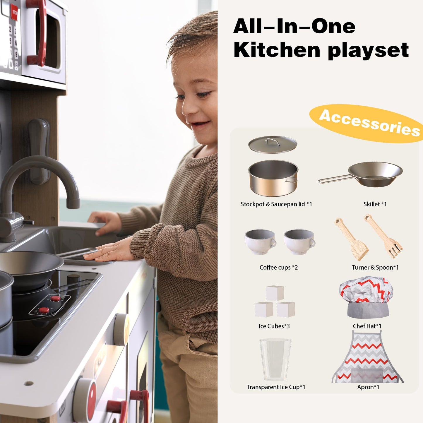 JOYOOSS Play Kitchen for Kids,Wooden Kids Kitchen Playset Toy Toddler Play Kitchen Set for Toddlers 3+ with Real Lights & Soundswith Cookware Accessories