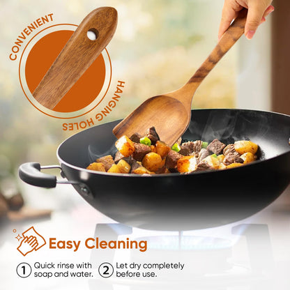 EZuncle 6 Piece Wooden Cooking Spoon Set - Ideal For Non-Stick Pans, Heat Resistant Solid Wood, Smooth Teak Cutlery For a Comfortable grip - Lightweight and Durable - Easy to Clean(6 PCS Large)