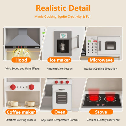 Large Wooden Play Kitchen for Kids - Realistic Kitchen Playset with Interactive Appliances & Storage - Hood, Microwave, Coffee Maker & Full Utensil Set - Gift for Boys & Girls Ages 3+