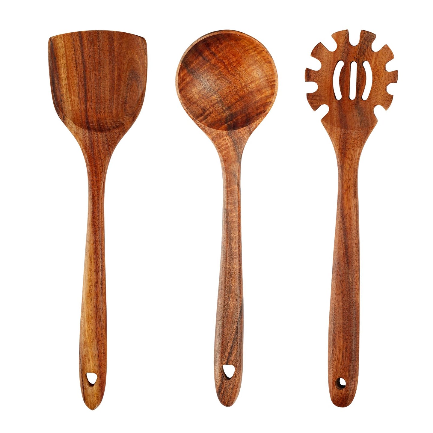 FJNATINH 3-Piece Teak Wooden Wok Spatula Set, Wooden Kitchen Utensil Set, 100% Natural Teak Wood Cooking Utensils