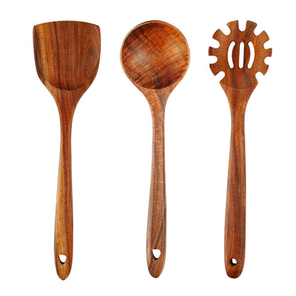FJNATINH 3-Piece Teak Wooden Wok Spatula Set, Wooden Kitchen Utensil Set, 100% Natural Teak Wood Cooking Utensils