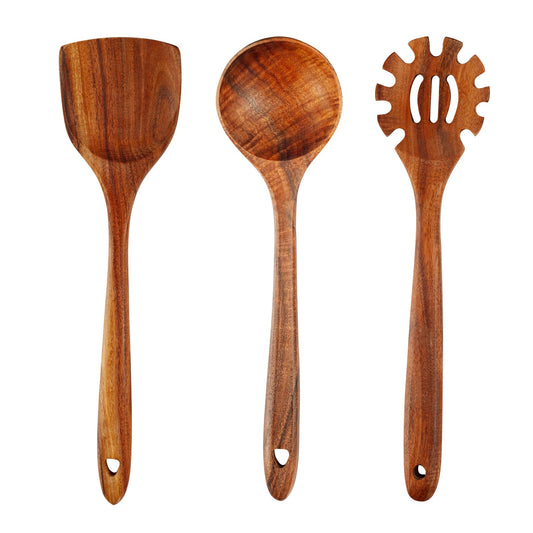 FJNATINH 3-Piece Teak Wooden Wok Spatula Set, Wooden Kitchen Utensil Set, 100% Natural Teak Wood Cooking Utensils