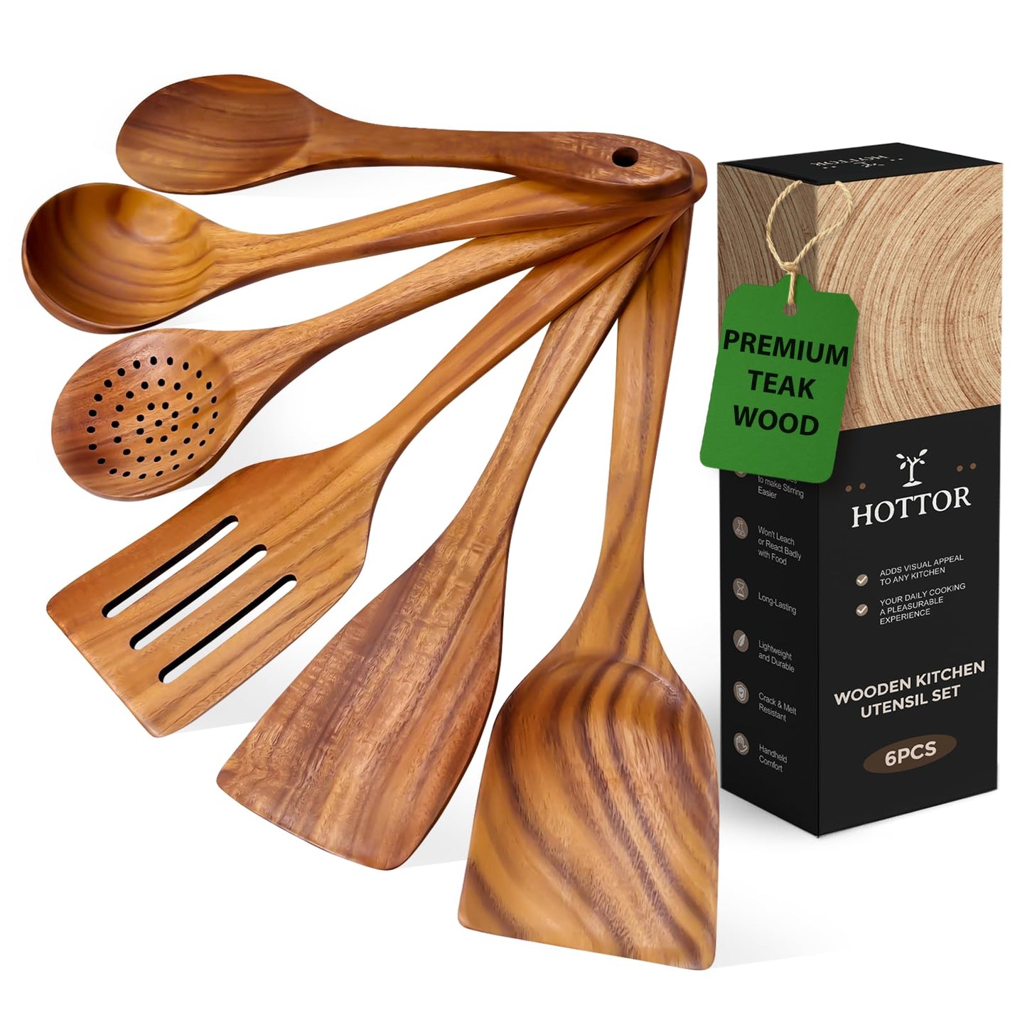 6 Piece Teak Wooden Utensil Set, Comfort-Grip Wooden Spoons for Cooking, Smooth Finish Wood Kitchen Utensils Set, Non-Stick Wood Spatula for Cooking