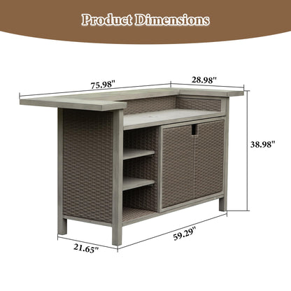 Domi Patio Bar Table, Outdoor Aluminum PE Wicker Bar Cart with Cabinet, All Weather Use Storage Patio Cabinet for Patio Kitchen or Bar Cart, Wood Grain
