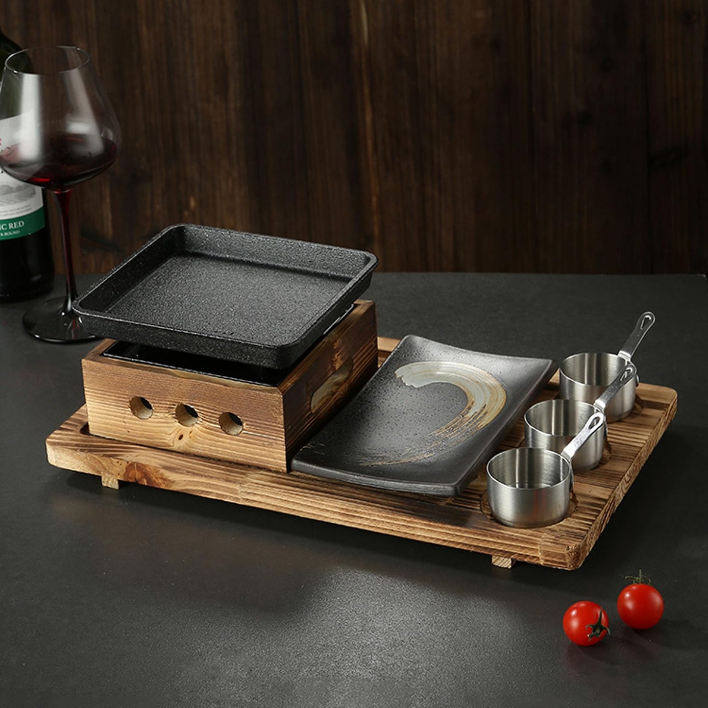 UGCER Japanese BBQ Grill Set, Portable Charcoal Stove with Wooden Base for Yakiniku, Robata, Yakitori, Takoyaki, Camping,C