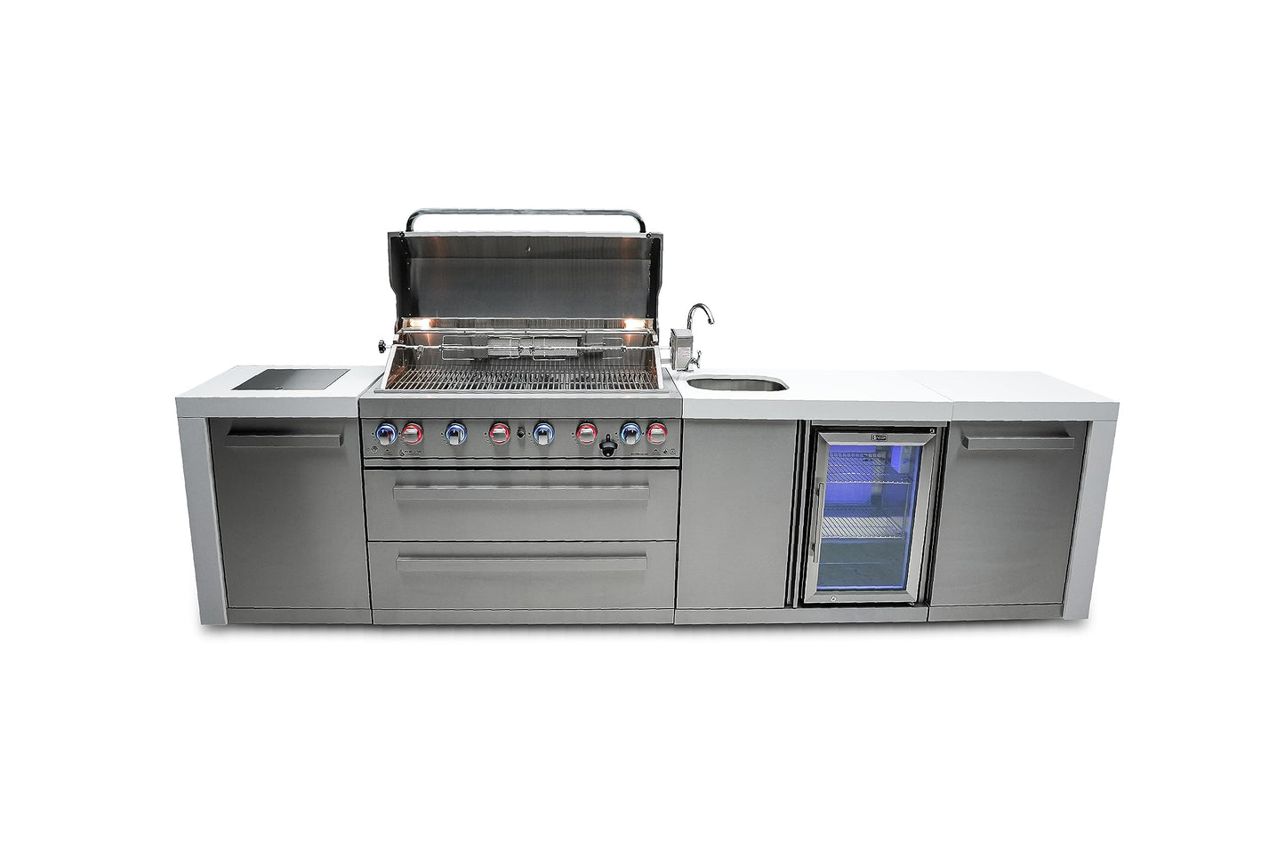 Mont Alpi MAi805-DBEV-COMBO 44-inch 6 Burner 115000 BTU Deluxe Stainless Steel Gas Outdoor Kitchen Island Barbecue Grill with Beverage Center + Side Burner Pizza Oven, Charcoal Tray & Griddle Plate