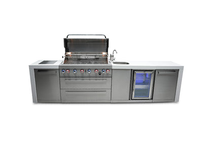 Mont Alpi MAi805-DBEV-COMBO 44-inch 6 Burner 115000 BTU Deluxe Stainless Steel Gas Outdoor Kitchen Island Barbecue Grill with Beverage Center + Side Burner Pizza Oven, Charcoal Tray & Griddle Plate