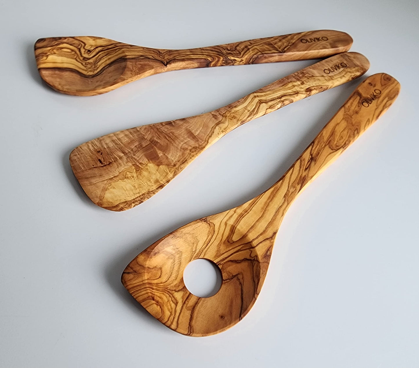 OLIVIKO 100% Olive Wood HAND MADE 5 Spoon Set | Ideal for Nonstick Cookware & Kitchen Utensils | Cooking, Baking & Serving | Eco-friendly & Handmade | 1 Spatulas & 4 Spoons (12-inches)…