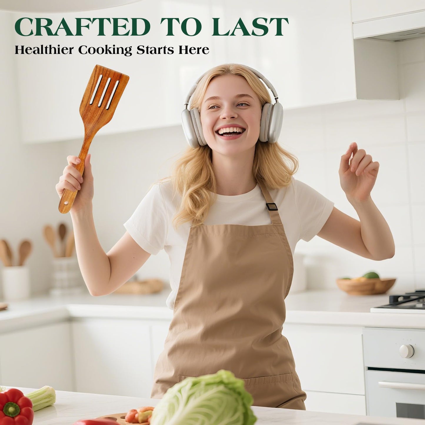 Bkiok Wooden Slotted Spatula for Cooking, Handmade Teak Wood Flat Frying Spatula Turner for Nonstick Cookware