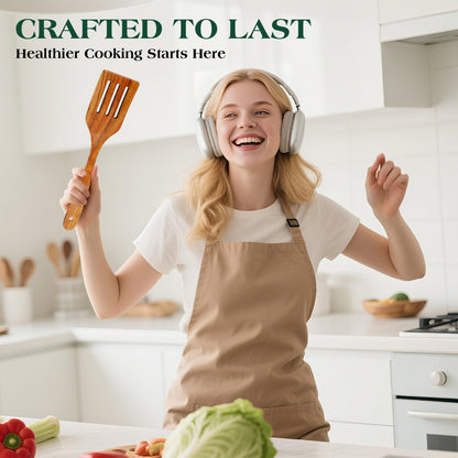 Bkiok Wooden Slotted Spatula for Cooking, Handmade Teak Wood Flat Frying Spatula Turner for Nonstick Cookware