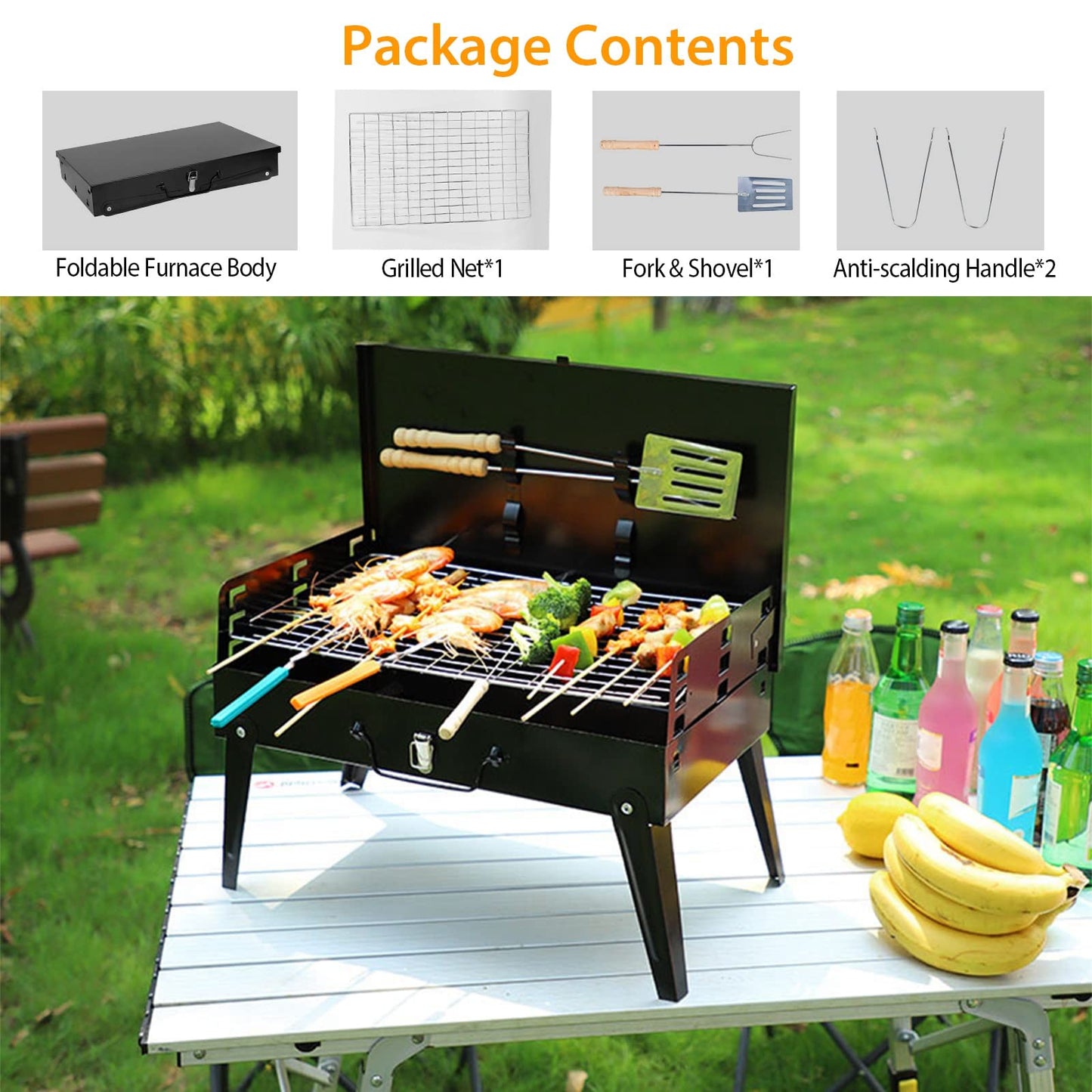 TeqHome Portable Charcoal Grill, Small BBQ Grill Outdoor Folding Barbecue Grill with Barbecue Accessories & Lid, Foldable Camping Grill for Outdoor Cooking Camp Picnic Hiking Beach Patio Smokers