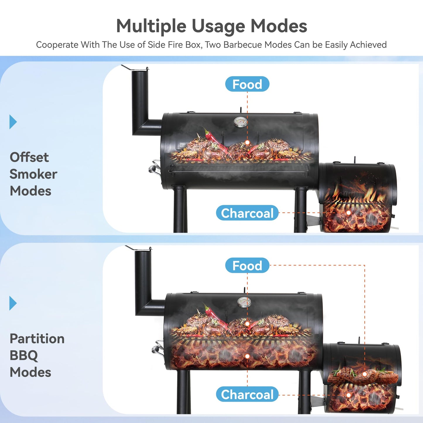 GREEN PARTY BBQ Charcoal Grill with Offset Smoker, 2 in 1 Smoker and Charcoal Grill combo, 512 Square Inch Space Barrel Charcoal Smoker Grill for Outdoor Camping Patio Backyard Cooking, Medium